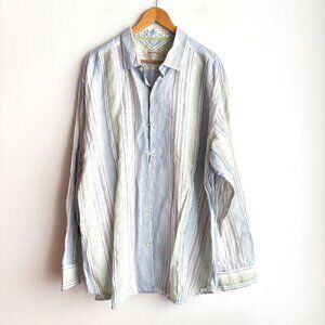 Tommy Bahamas Linen Summer Blue Green Striped Shirt XXL
